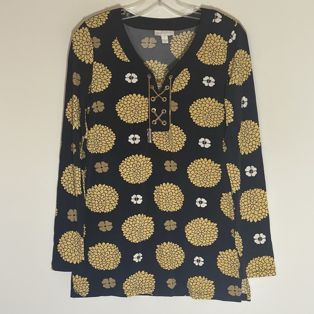 Charter Club Top Womens Small Blue Gold Multi‎ Geometric Chain Tie V Neck Dressy